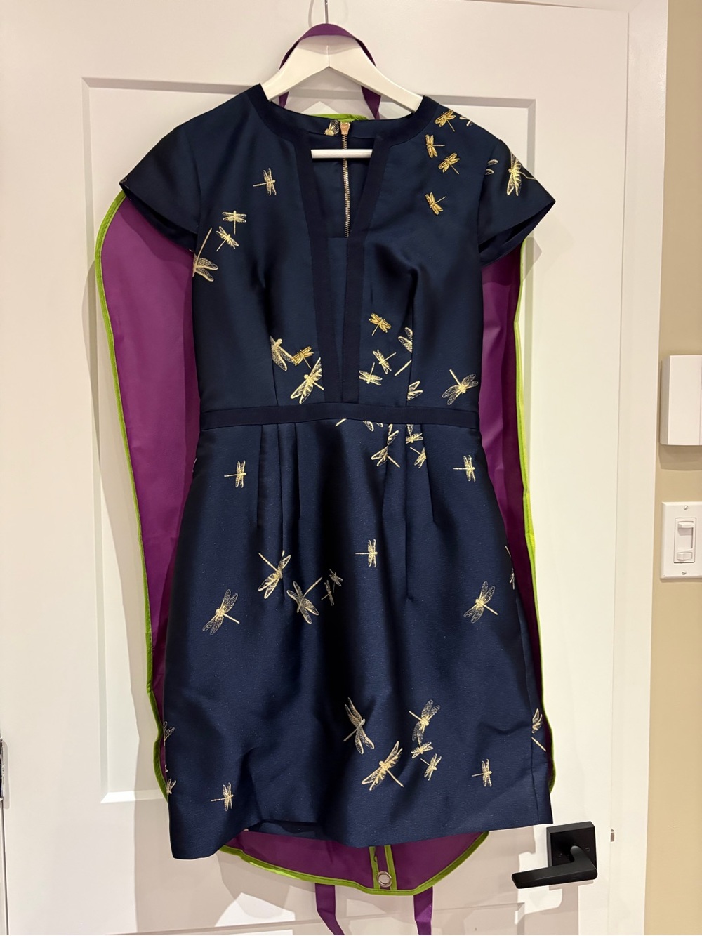 Ted Baker Navy Fit-and-Flare Dress with Gold Dragonfly Embroidery